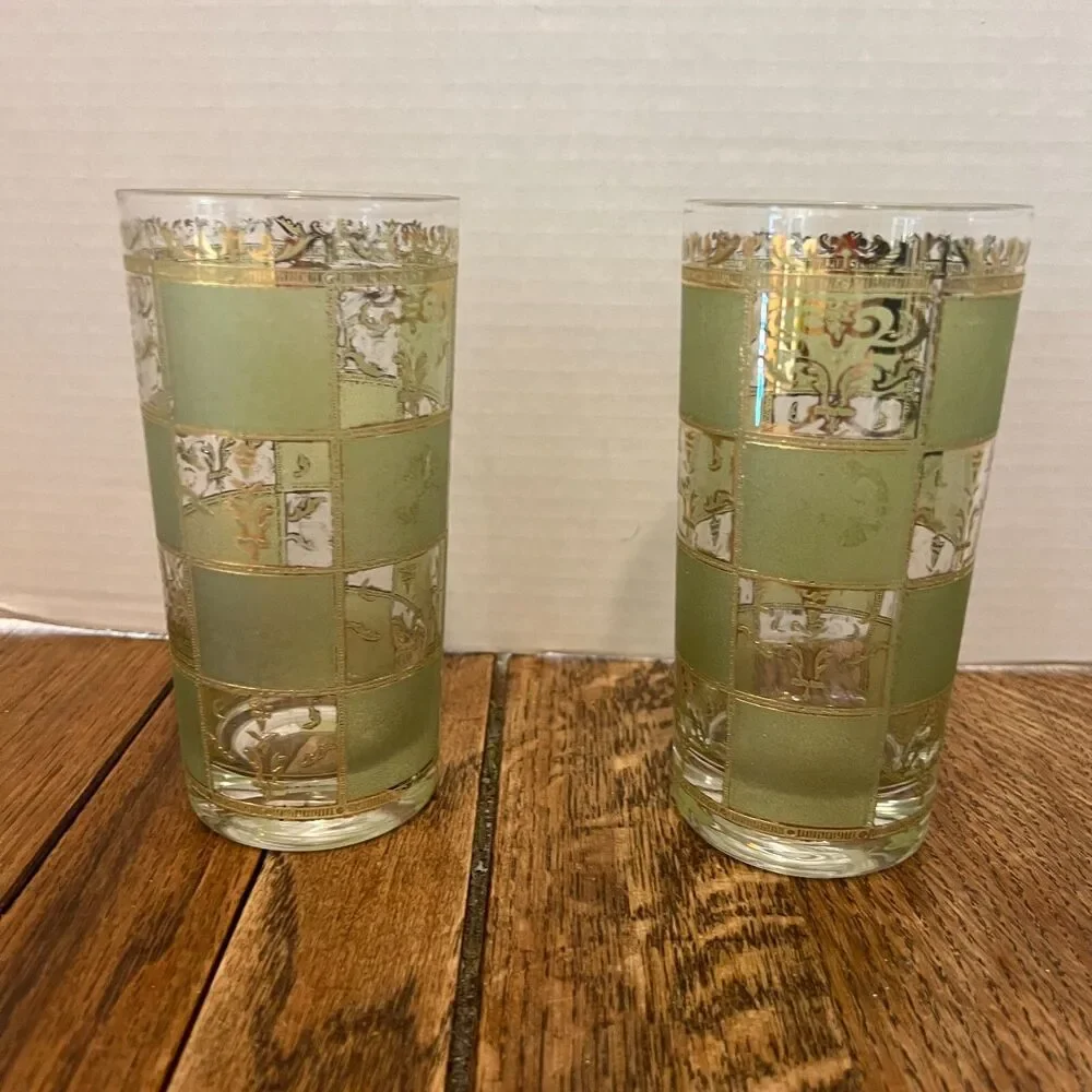 2 1950s Culver’s Prado Green 22k Gold High Ball Replacement Glass water drinking
